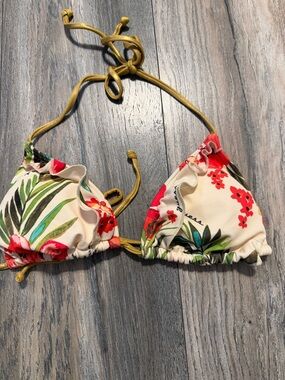 Guess Floral Triangle Bikini Top in Cream, Red, Green & Mustard